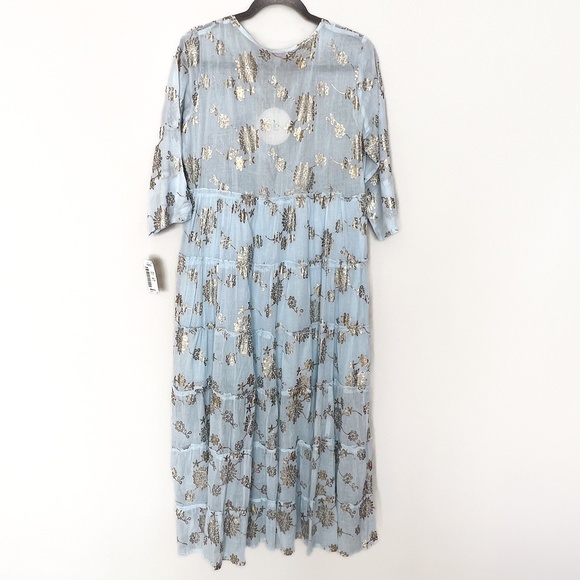 NWT | Sunny Studio French Designer Cotton Tiered Maxi Summer Dress Sky Blue Gold - Picture 14 of 14
